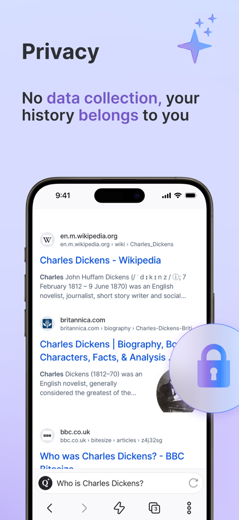 Qwant Private Search - A screenshot of the Qwant Private Search app interface emphasizing privacy and no data collection with a lock icon overlay.
