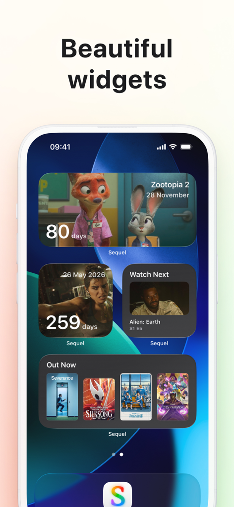 iPhone home screen displaying various Sequel media tracker widgets including movie countdowns and watch next queue