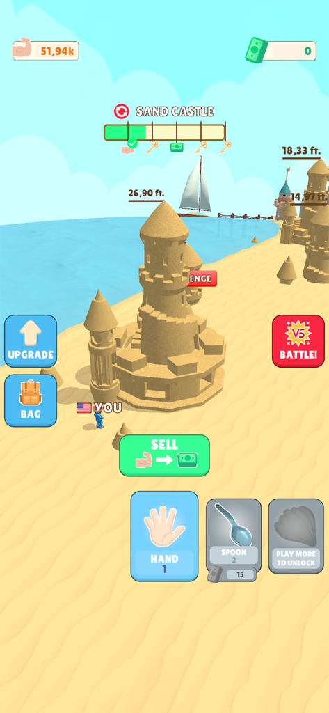 Sand Castle: Tap & Build - A large sandcastle under construction on a sunny beach in the Sand Castle Tap and Build mobile game.