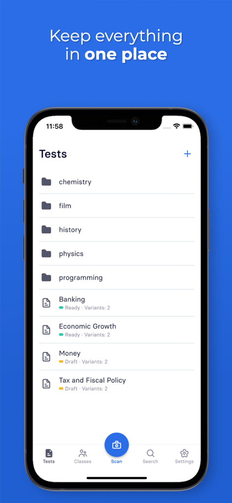 Examica for Teachers - Pantalla del iPhone mostrando la aplicación Examica con carpetas de exámenes categorizadas y listas de evaluaciones para profesores