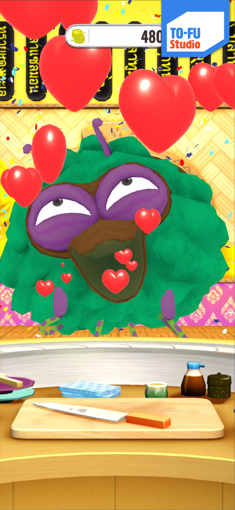 TO-FU Oh!SUSHI 2 - A fluffy green character guest in TO-FU Oh!SUSHI 2 reacts with joy surrounded by red heart balloons.