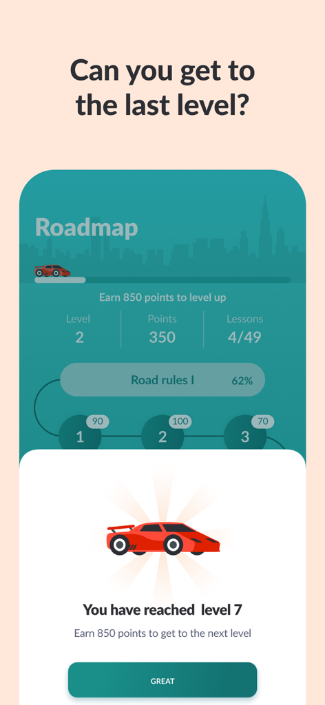 Zutobi: Permit & Driving Prep - Interfaz de la aplicación Zutobi que muestra una hoja de ruta gamificada con niveles y una notificación de finalización de nivel.