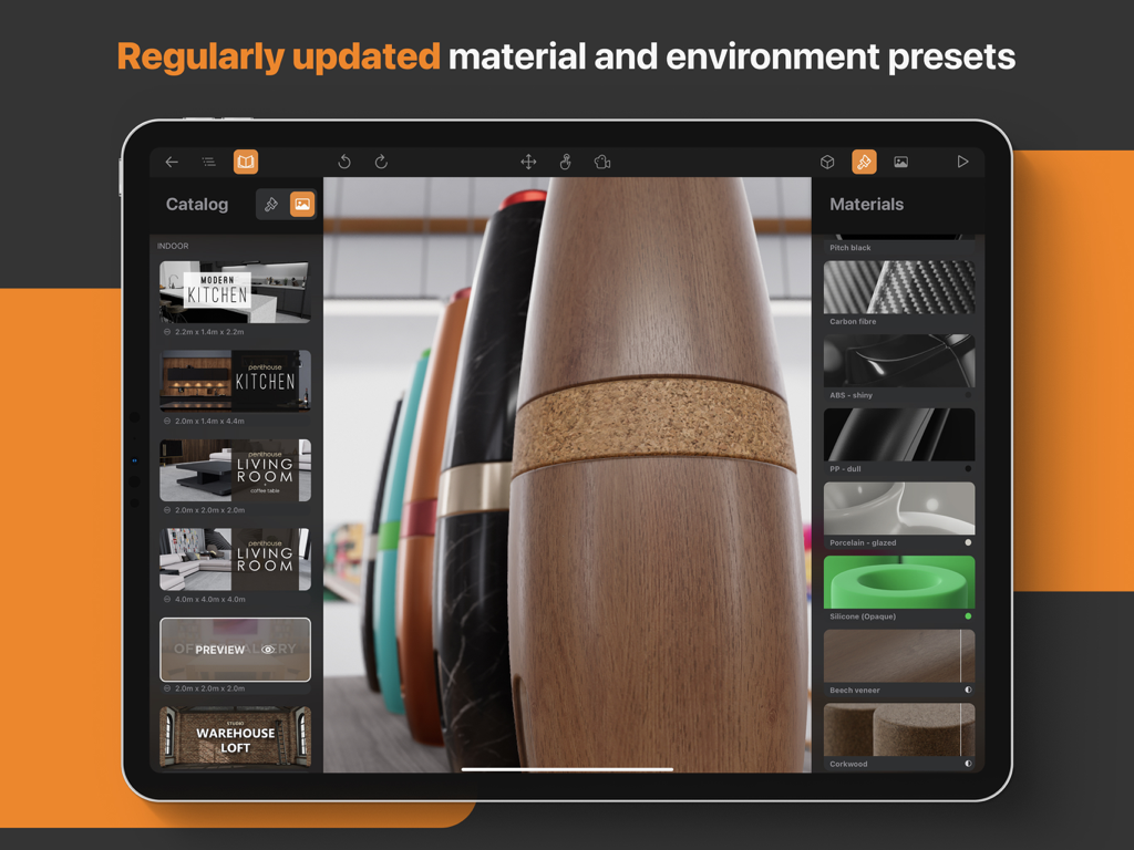 Cadmio - CAD visualization - Cadmio app interface on iPad showing material and environment presets for 3D CAD visualization.