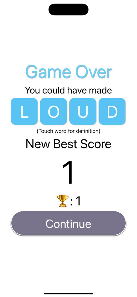 Snappy Word Search - Pantalla de fin de juego de Snappy Word Search que muestra una nueva puntuación alta y la palabra loud.