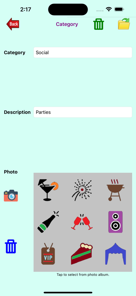 Event Manager - イベントカテゴリ管理インターフェース。ソーシャルパーティーのアイコン選択機能付き。