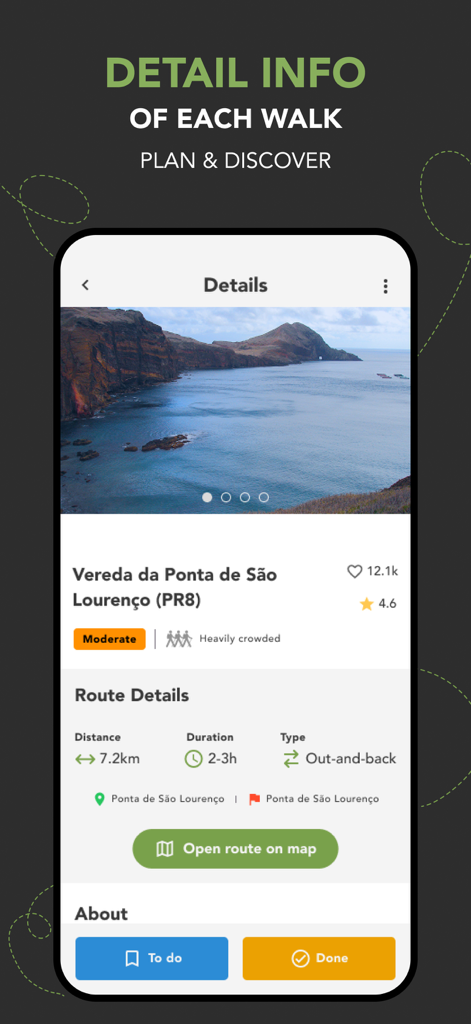 WalkMe | Walking in Madeira - Screenshot of the WalkMe app showing detailed route information and trail statistics for a Madeira hiking path