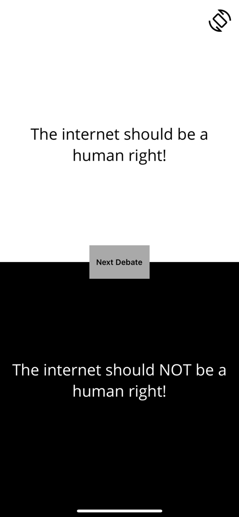 Debate - Party Game - A split screen interface showing two opposing sides of a debate about the internet being a human right