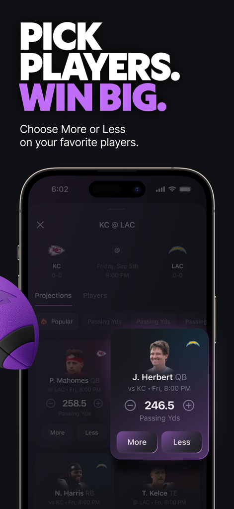 Betr Picks & Sportsbook - A smartphone displaying the Betr Picks app interface with player projections and more or less betting options.