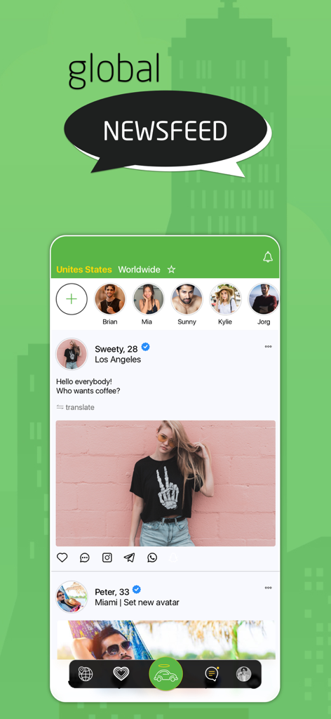 JOYCAR - Drive, Chat & Dating - JOYCAR app global newsfeed showing social posts from users in different cities