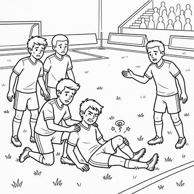 This moving coloring page captures a poignant moment on the soccer field, depicting an injured player being attended to by his concerned teammates. It’s a wonderful illustration of sportsmanship and empathy, perfect for bringing to life with your favorite colors.