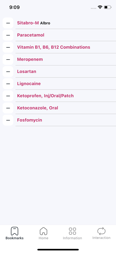 PharmaGuide - A list of bookmarked medications in the PharmaGuide app for clinical decision support
