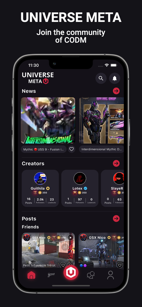 Universe Meta - Universe Meta app home screen with CODM news and gaming creator profiles