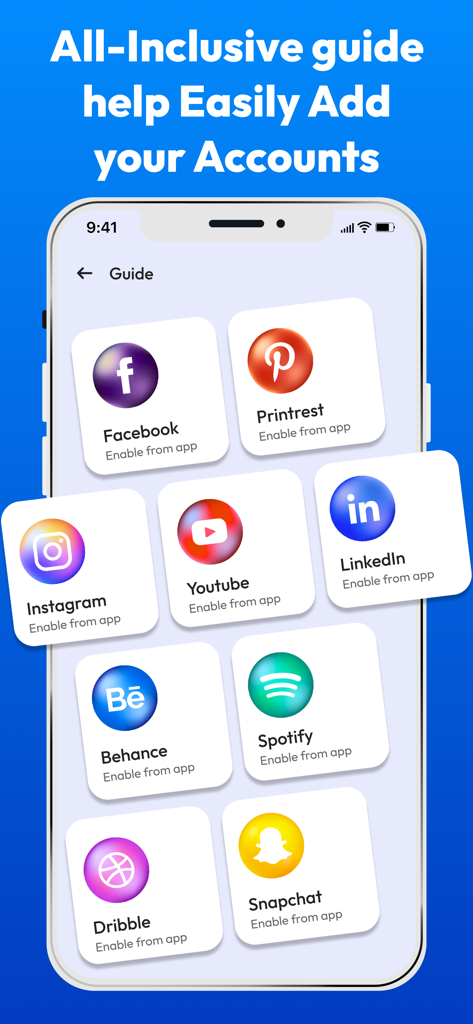 Una interfaz móvil que muestra una guía completa para añadir fácilmente 2FA para cuentas populares como Facebook, Instagram y LinkedIn