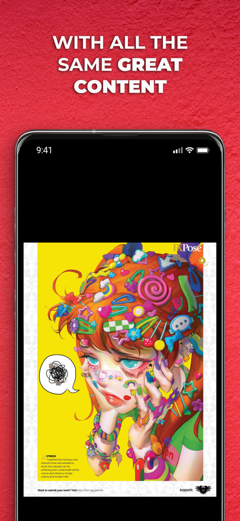 ImagineFXマガジンアプリからの鮮やかなデジタルキャラクターイラストを表示するスマートフォンスクリーン