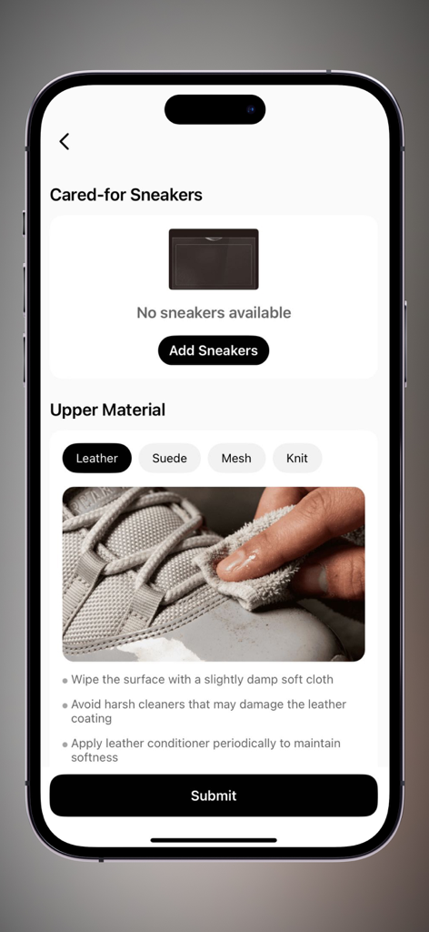 Vidani - Interfaz de la aplicación Vidani que muestra consejos de limpieza para zapatillas de cuero y opciones de selección de materiales.