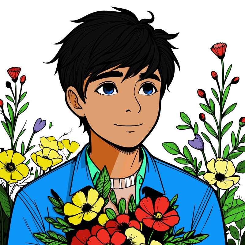 realistic boy with flowers