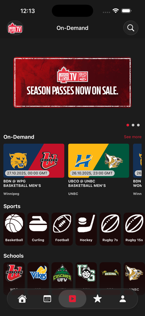 CanadaWest.TV - CanadaWest.TV app home screen showing on-demand collegiate sports games and categories