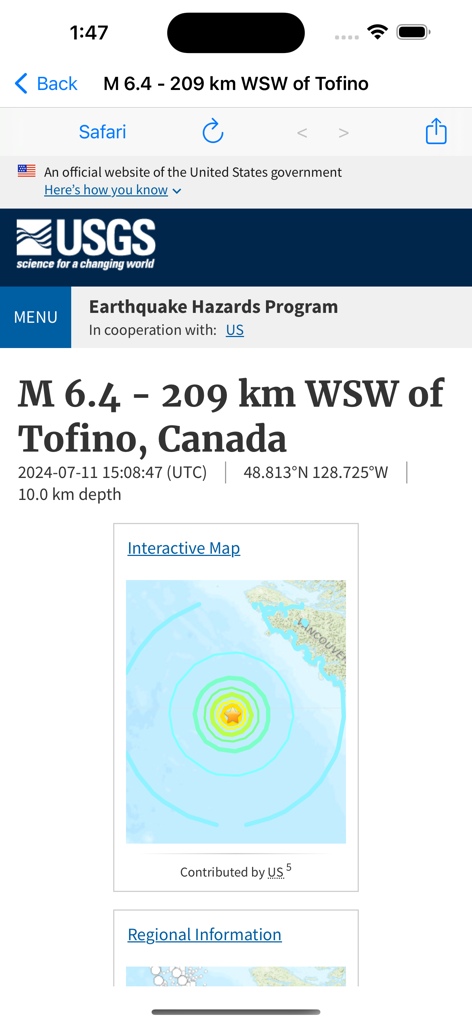 USGS earthquake report showing a magnitude 6.4 event near Tofino Canada with an interactive map