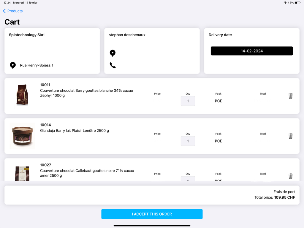 VG Catalogue - iPad interface of the VG Catalogue app showing a sales order cart summary and accept order button