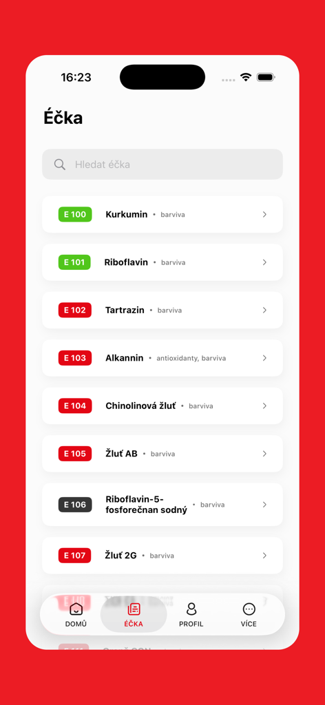 dTest - A list of food additives with safety color codes and descriptions in the dTest mobile application