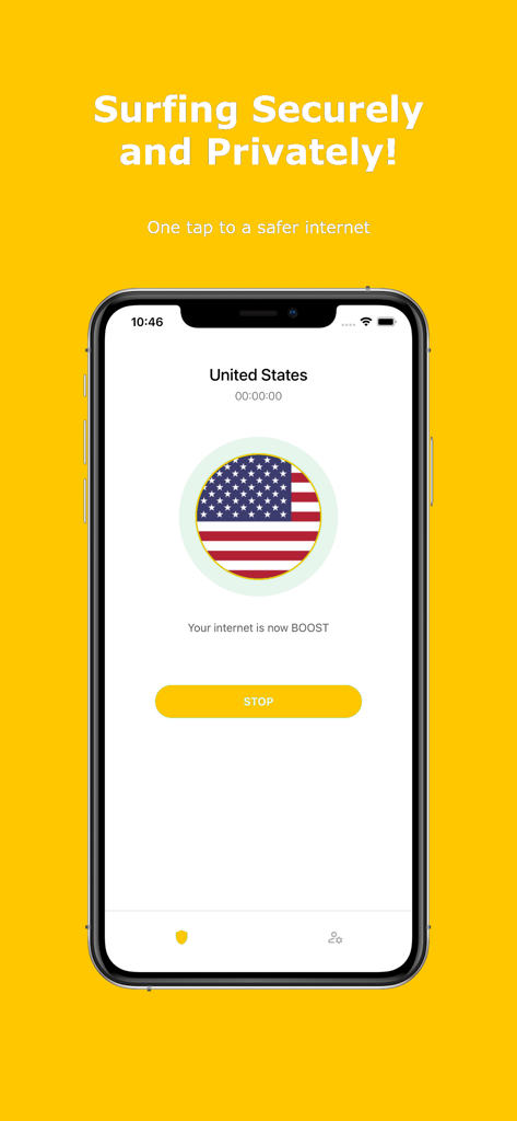 Yoga VPN mobile app interface showing a secure connection to a US server