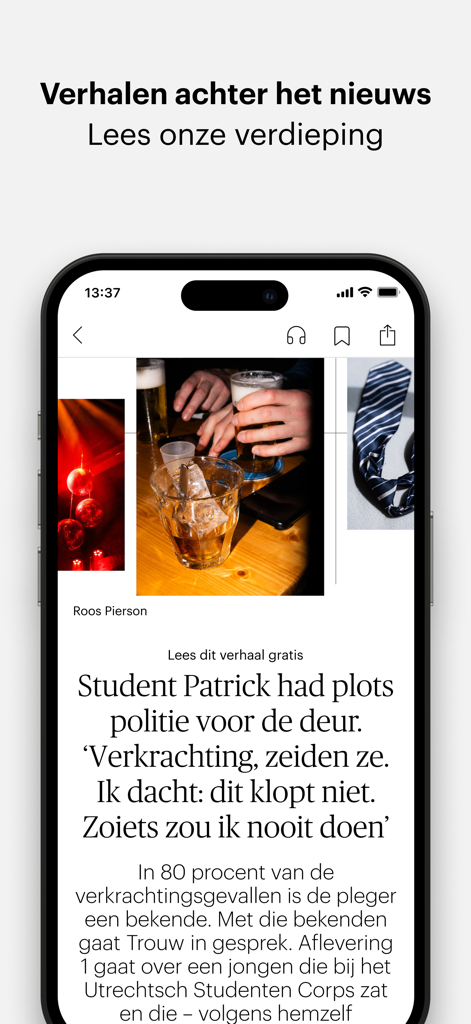Aplicativo de notícias Trouw exibindo um artigo investigativo aprofundado em um dispositivo móvel.