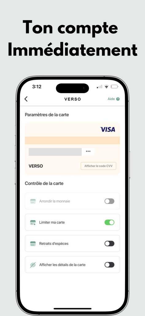 Verso App - Verso App interface showing a virtual VISA card and security control settings in French.