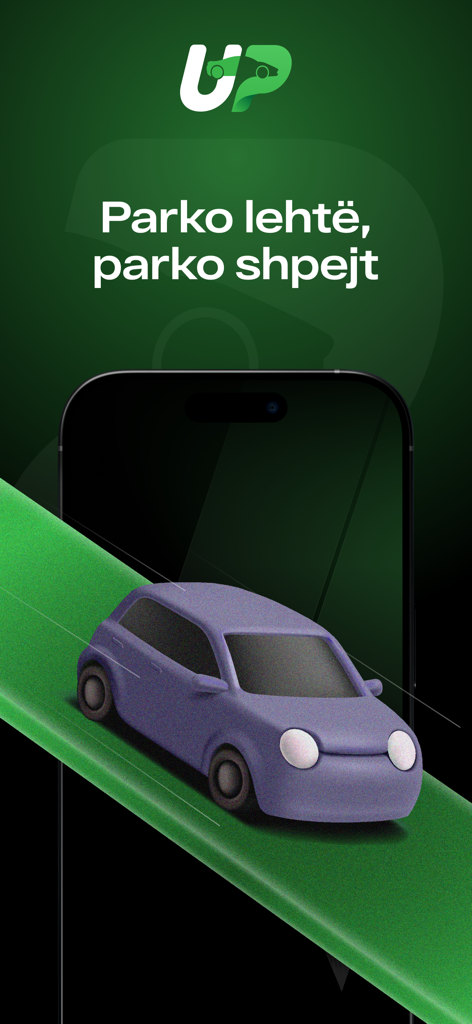 LookUp Parking - Tela promocional do aplicativo LookUp Parking com um carro roxo em 3D e texto em albanês dizendo Parko lehte parko shpejt