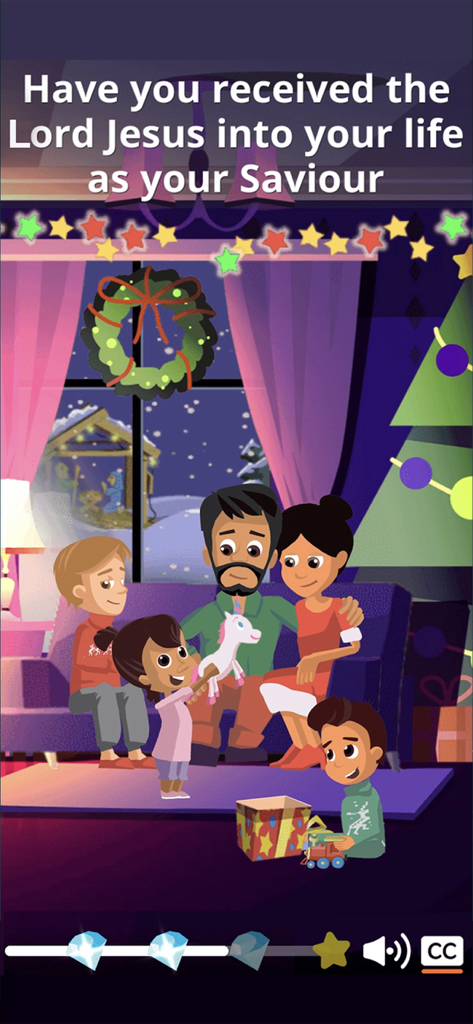 A family gathers by a Christmas tree in an interactive Bible story from the SunScool app.