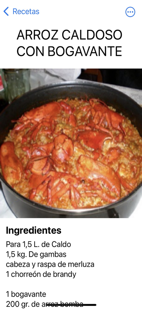 Mi libro de recetas - Screenshot of a recipe for soupy rice with lobster in the Mi libro de recetas mobile app