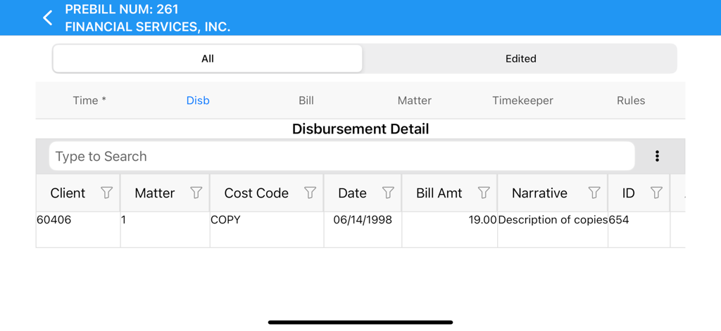 PrebillViewer - Interface showing disbursement details for a legal prebill with columns for client matter cost code and bill amount