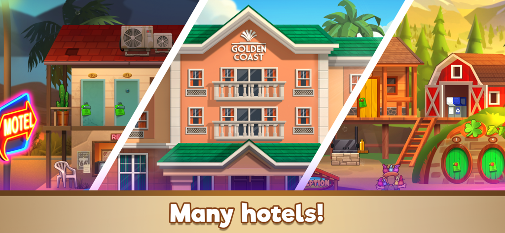 A collage of different hotel styles including a motel and a luxury hotel in Doorman Story