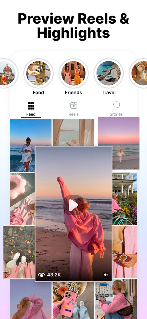 Preview Feed for Insta・Layout - A preview of an Instagram grid featuring a reels video and story highlights with a pink aesthetic