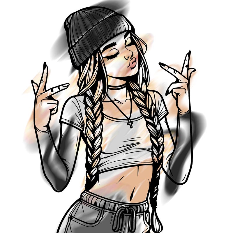 realistic teenage girl with braids and a beanie and crop top doing 🫶🏼