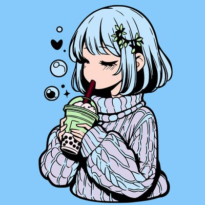 manga girl drinking boba in cozy sweater