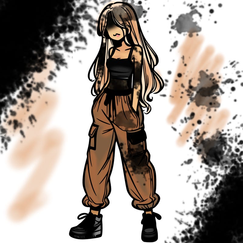 girl in baggy pants crop top and long hair