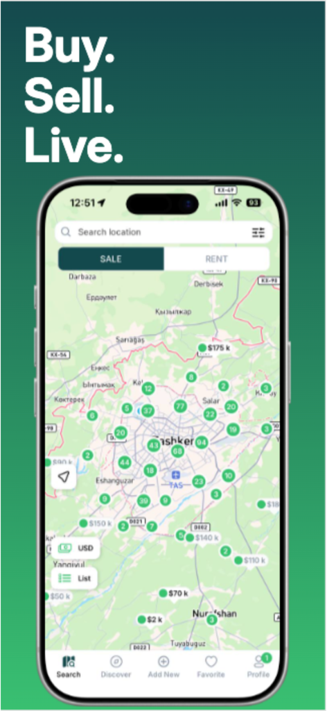 Makon - Map view of the Makon real estate app showing property listings and prices in Tashkent