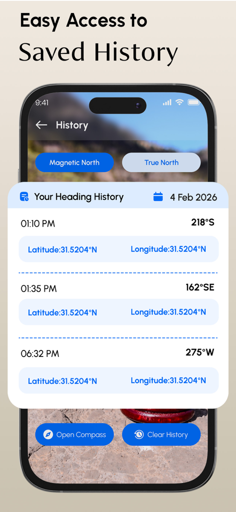 Compass & Location Tracker - Heading history screen showing saved GPS coordinates and directions on the Compass and Location Tracker app