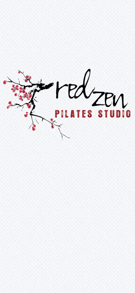 Red Zen Pilates Studio 로고와 붉은 벚꽃 가지 일러스트