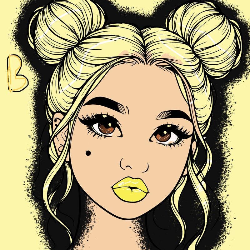 realistic girl with two buns on her hair and lips