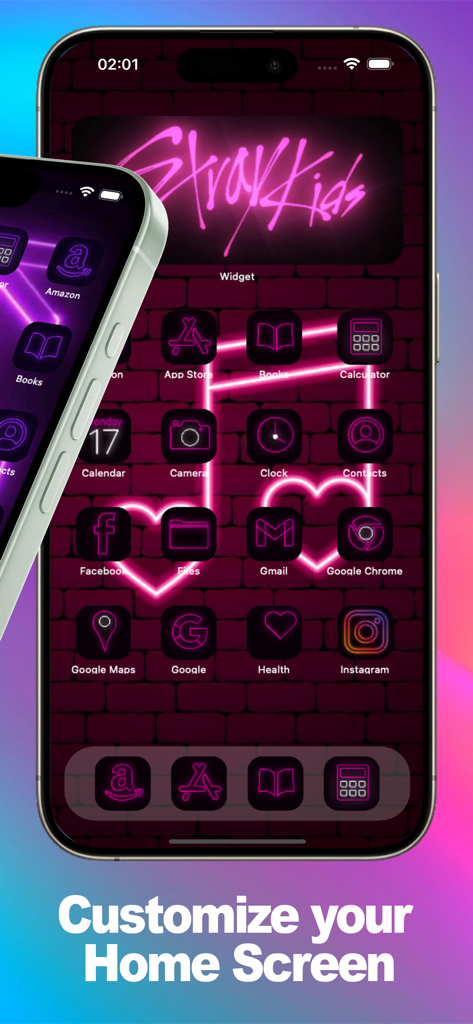 Kpop Themes & Widgets - Tema K-pop de neón rosa de Stray Kids con iconos y widgets personalizados en una pantalla de iPhone.