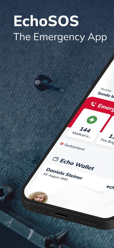 EchoSOS - EchoSOS emergency app interface on a smartphone showing emergency service numbers and medical wallet feature