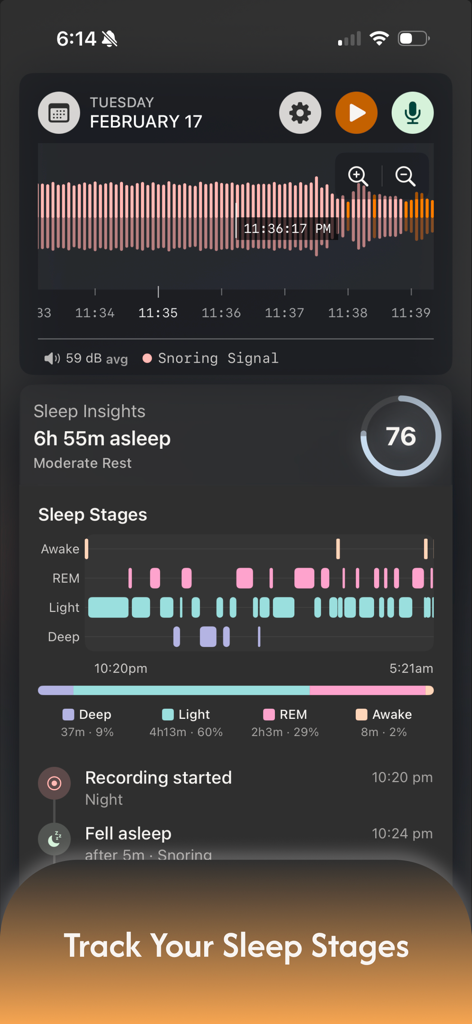 Snore Timeline - Snore Timeline app interface displaying sleep stages, sleep score, and snoring signal data.