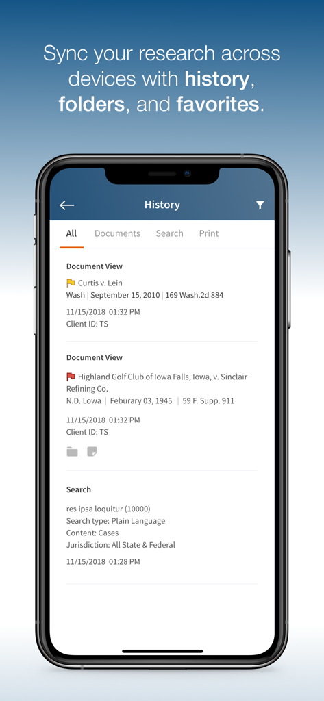 Un teléfono inteligente que muestra la pantalla de historial de investigación legal de la aplicación Westlaw con documentos y búsquedas de casos sincronizados