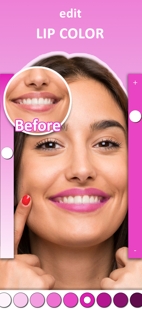 女性がPerfect Smileアプリを使用して、リップカラーを変更し、歯を白くしている様子。ビフォーアフター比較あり。