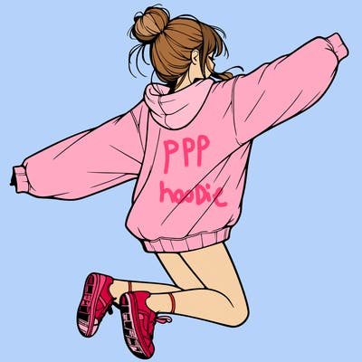 realistic girl jumping with a bun and oversized sweatshirt