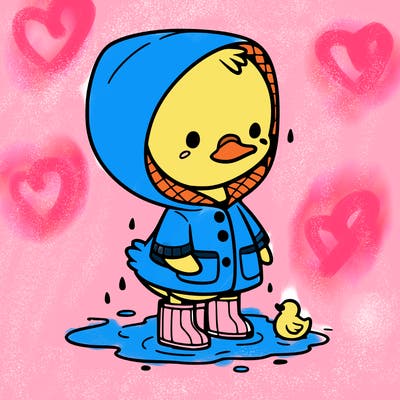 baby duck in a rain coat and boots, in a puddle while it’s raining