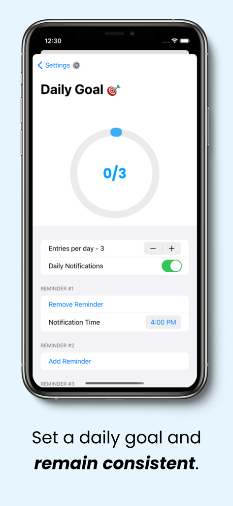 Poz Journal app interface showing daily entry goals and notification reminders
