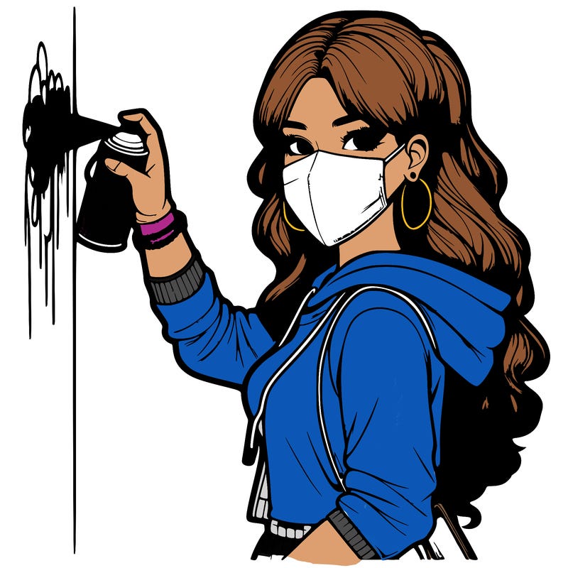 realistic girl with mask spray painting a wall