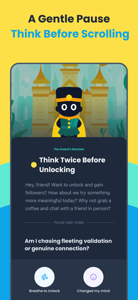 Clarymind app screenshot showing the gentle pause feature with a mindfulness prompt before unlocking an app